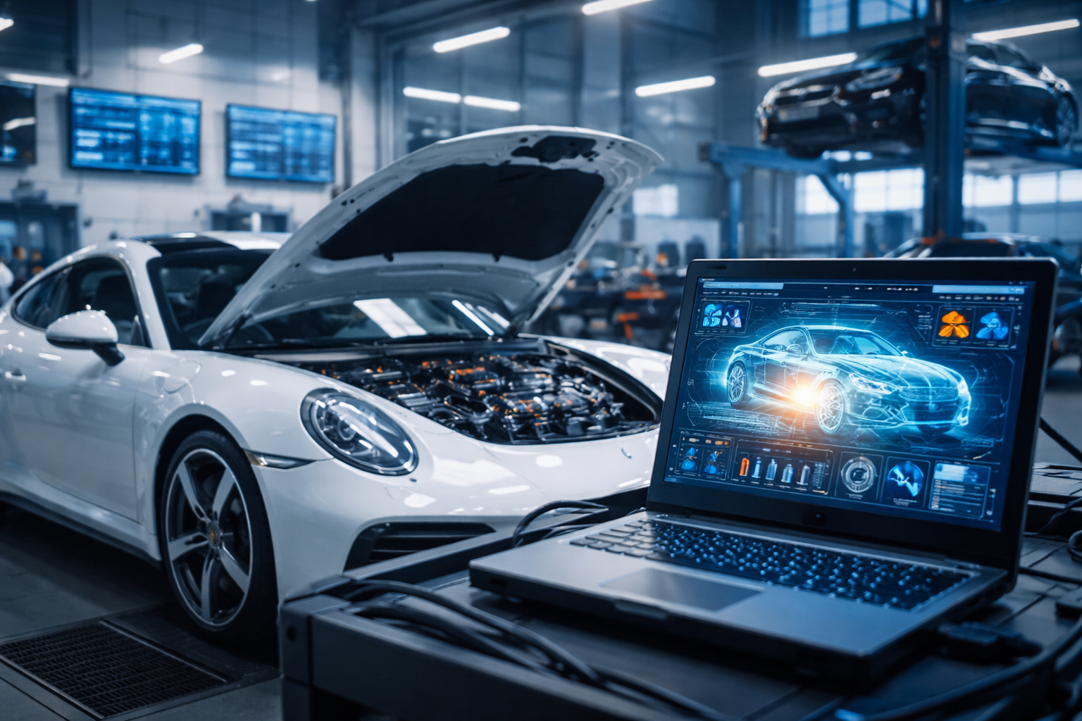 AI-powered predictive diagnostics being performed on a luxury sports car inside a modern Dubai car repair garage