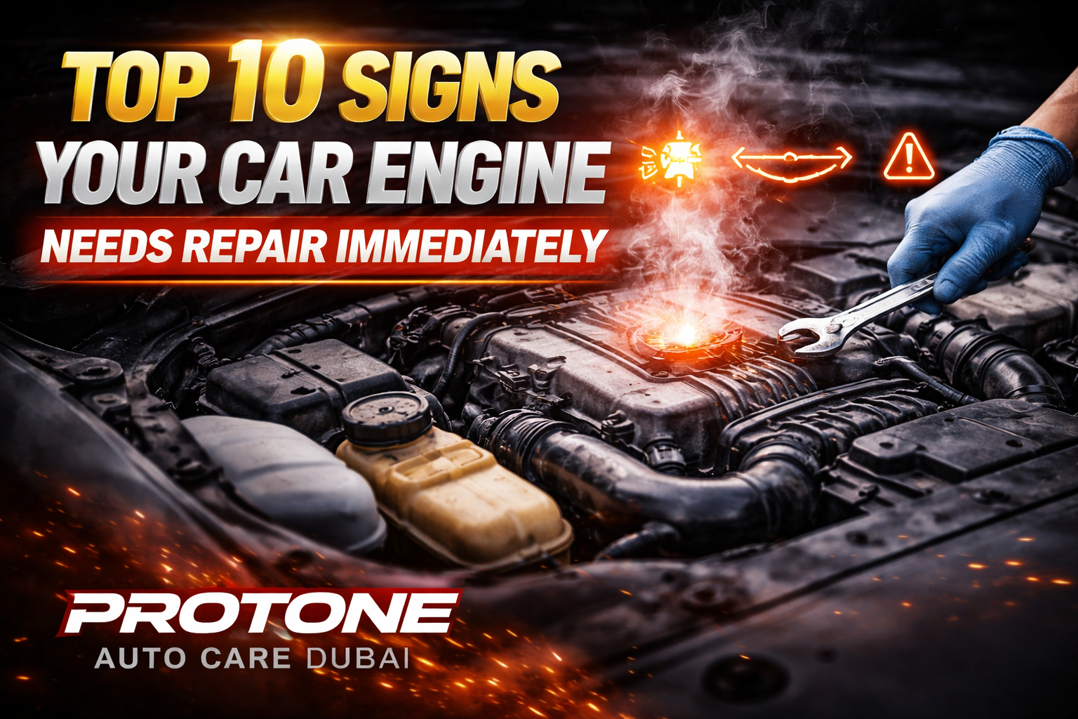 Car engine with smoke and glowing check engine warning light being inspected by a mechanic at auto repair workshop