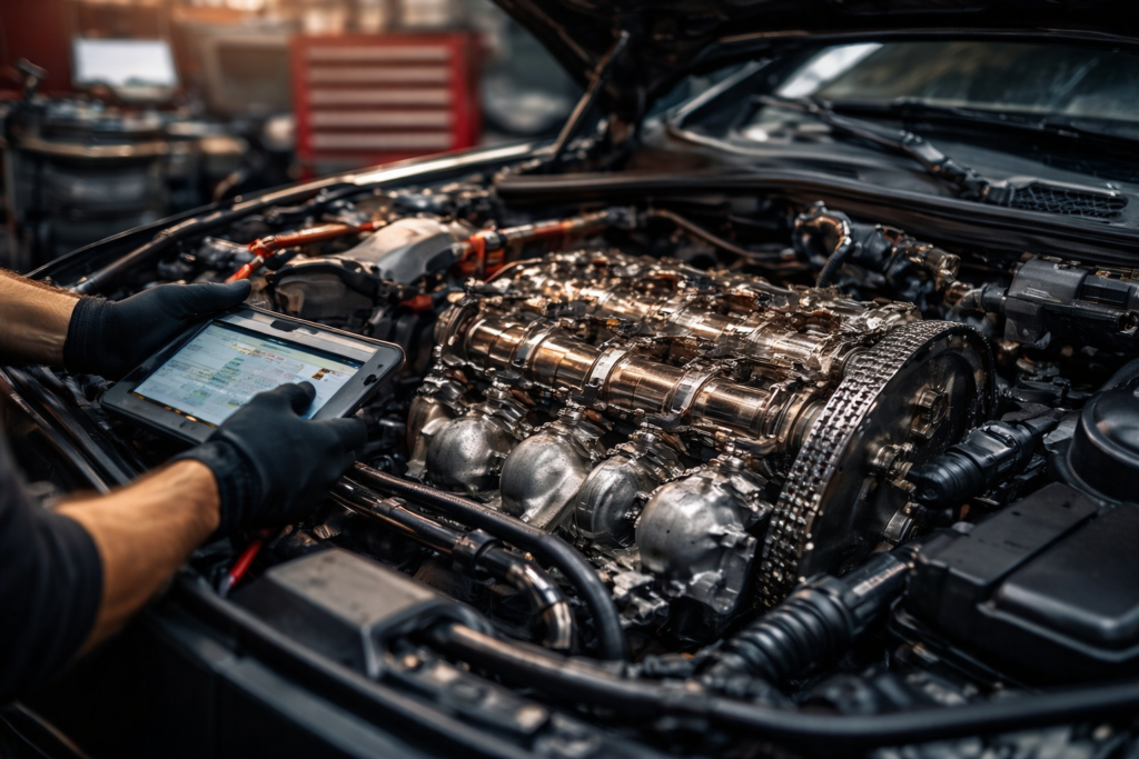 Car engine diagnostics being performed by a mechanic in a professional auto mechanical garage