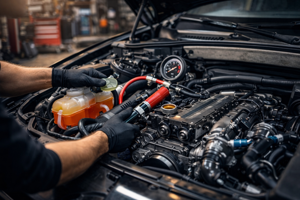 Mechanic inspecting car cooling system and radiator with coolant reservoir in auto repair garage