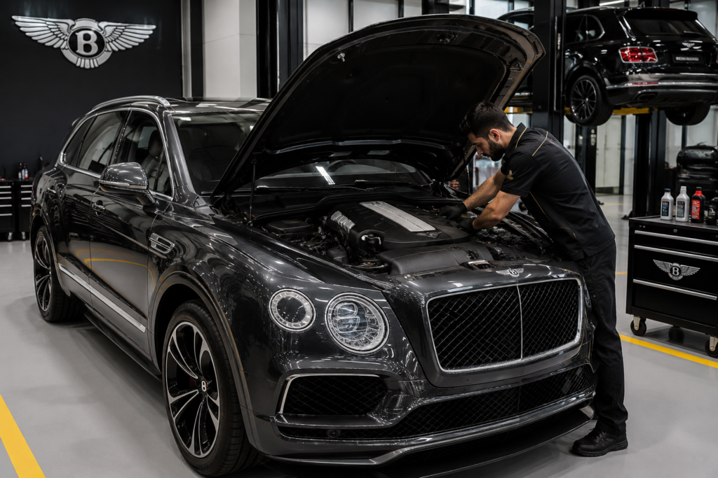 Bentley Bentayga engine service at Protone Auto Care Dubai with a luxury SUV undergoing professional engine diagnostics and maintenance in a modern workshop.