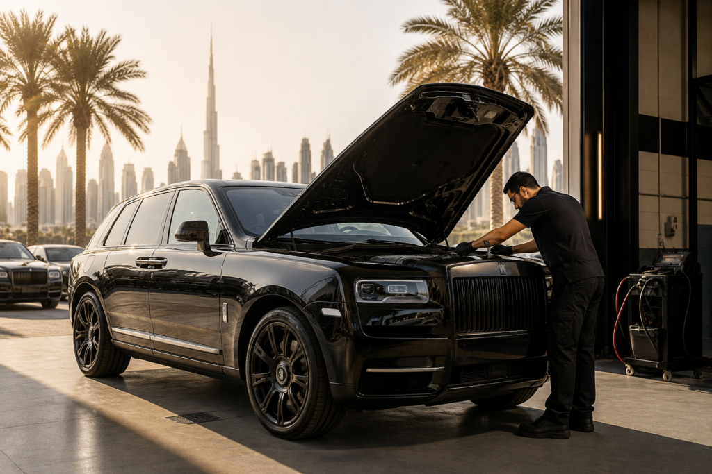 Rolls-Royce Cullinan undergoing AC inspection at a premium Dubai garage during hot summer weather, highlighting the impact of extreme UAE heat on luxury vehicle air conditioning systems.